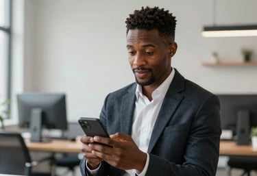An African American entrepreneur in a North American business setting, holding a smartphone and looking inspired. The background is a clean, modern workspace.