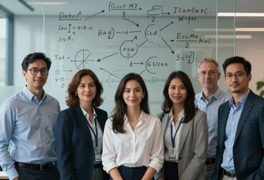 A professional portrait of an diverse team of researchers in a sleek North American office, standing in front of a glass wall with written strategic formulas, soft blue and dark slate lighting.