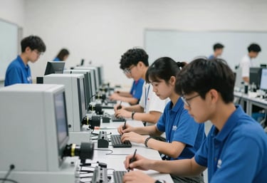 A professional, brightly lit scene in a US-based vocational training center. Students are working with advanced technical equipment in a clean, modern facility. The composition focuses on collaboration and forward-thinking energy, with a palette of white, light grey, and blue.
