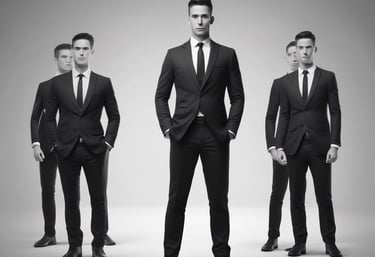 A confident consultant discussing plans with clients in a bright meeting room.