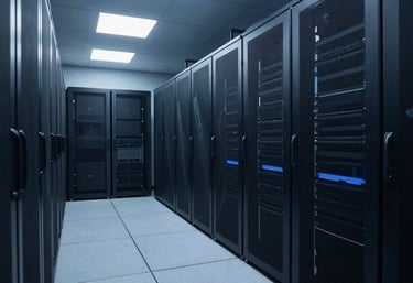 Wide-angle shot of a minimalist, high-tech server room backdrop, representing cloud scalability, with soft blue ambient lighting and a professional feel.