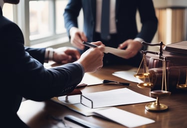 A lawyer consulting with a client in a confidential office setting.
