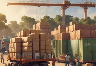 A cargo ship loaded with containers leaving an Indian port at sunset.