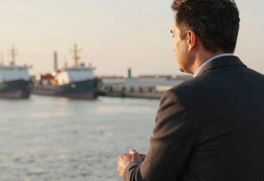 A serene beach scene at sunset with palm trees and calm waves in the background.