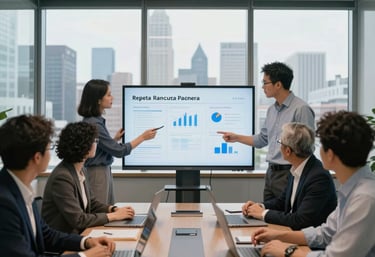 A diverse technical team in a modern North American boardroom with a panoramic view of a city skyline, discussing strategy on a digital display, professional lighting.