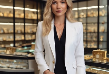 Mujer profesional con cabello rubio ondulado que viste un blazer blanco en una joyería de lujo.