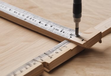 Close-up of hands measuring and marking a wooden model of a building.