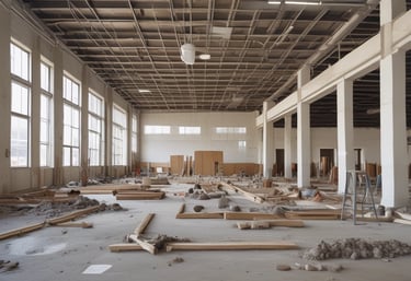 Architect reviewing blueprints on a construction site with cranes in the background.
