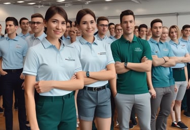 A sleek, modern workspace with samples of customized corporate t-shirts, safety shoes, and office bags neatly arranged.