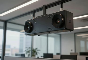 A sleek, modern North American / US corporate office with specialized lighting systems and integrated power solutions, reflecting professional efficiency.