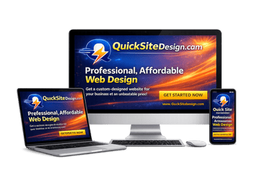 Professional web design services displayed on a desktop monitor, laptop, and smartphone.