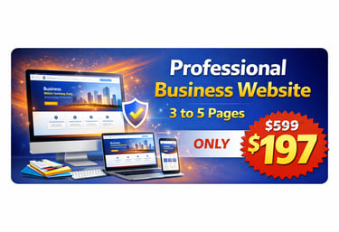 Professional business website design offer for 3 to 5 pages shown on desktop, laptop, and mobile devices.