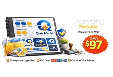 Custom branding package offer featuring QuickSite logo design, color palettes, and transparent vector files.