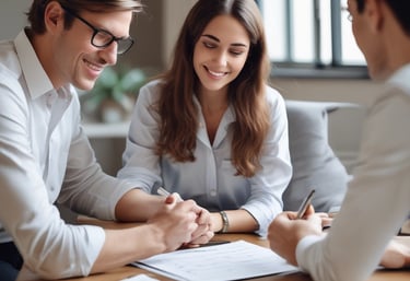 A friendly financial advisor discussing options with a smiling client in a cozy office.