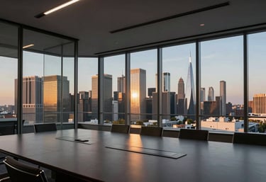 A wide shot photograph of a clean, modern glass-walled conference room overlooking a city skyline at dusk, burnished gold and slate blue light, International Financial Market / Professional.