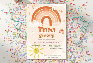 A playfulk children's party invitation with background confetti