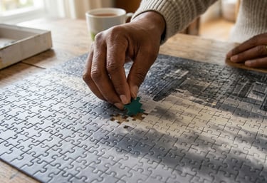 A persons hand putting the final missing puzzle pieces into a puzzle