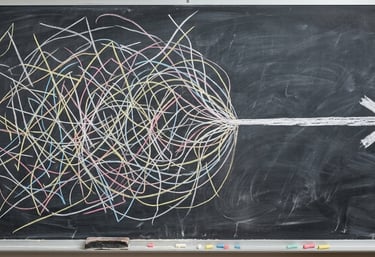 Disorganized, chaotic lines coming together to form one arrow making forward progress in one directi