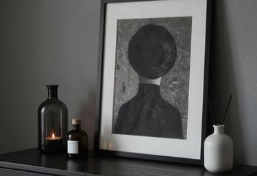 Watercolor living room illustration with mid-century furniture, botanical wall art, and cozy decor.