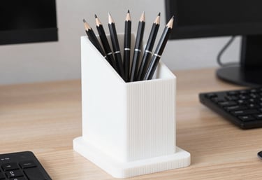 Close-up of a beautifully designed desk organizer holding pens and notes, showcasing Formaviva’s craftsmanship.