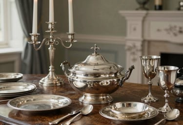 Elegant antique silver teapot and teacup set displayed on a grey stone surface with a candelabra.