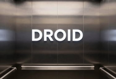 A sleek elevator cabin with smart AI control panels lit by dynamic LED lighting.