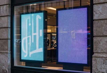 A sleek elevator cabin with smart AI control panels lit by dynamic LED lighting.