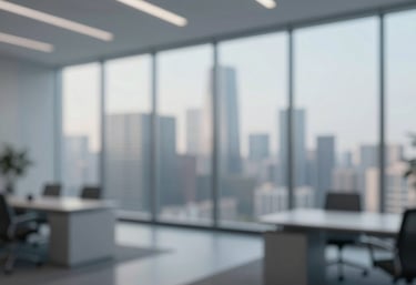 An elegant, blurred visual of a luxury high-rise office interior overlooking a city skyline. Professional, #F8F9FA tones.