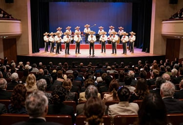 A mariachi musician in a traditional charro suit and sombrero plays a trumpet for a seated theater audience.