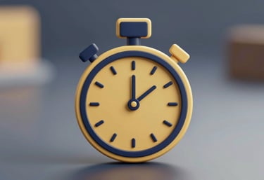 A sleek digital clock icon or a stylized stopwatch rendered in gold (#C9940A) with dark navy (#0F1E3D) accents, symbolizing efficiency and timely delivery. Clean, professional 3D style.