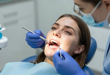 Smiling patient receiving gentle dental cleaning from a professional dentist.