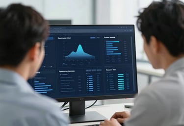 A close-up of two professionals reviewing a digital dashboard on a screen in a brightly lit, modern workspace. Lighting is crisp and clean. Palette: #8CA3B8 and #3E5A73.