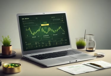 A cozy workspace with a laptop displaying digital analytics and notes scattered around.