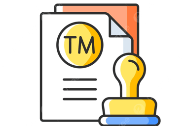 Icono de línea plana de un documento de registro de marca con un icono de sello de goma amarillo