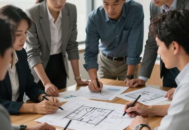 A professional, candid photograph of a diverse group of people in a North American business setting, looking over architectural plans and social impact documents on a wooden table. Soft natural light.