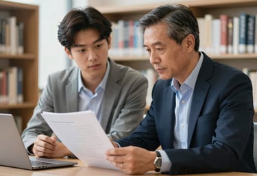 A candid, high-quality photograph of a professional mentor and a young adult reviewing documents in a bright, clean library setting in the US. The scene reflects compassionate professionalism and a legacy of knowledge access.