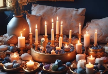 Elegant ritual tools arranged with candles and crystals.