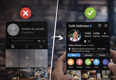 Before and after social media profile showing improved branding and engagement results