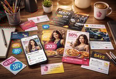 Graphic design materials including flyers, ads, and promotional visuals for business marketing