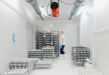 Worker in a clean food processing facility with rows of tiered cooling racks for dairy production.