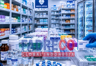 Well-stocked medical supplies warehouse with paracetamol, vaccines, and cold storage refrigeration.