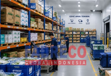 Staff sorting fresh produce in a temperature-controlled cold storage warehouse for logistics and last mile delivery.