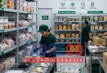 Workers in a clean, organized food processing and storage facility for UMKM Kuliner, featuring fresh ingredients, frozen