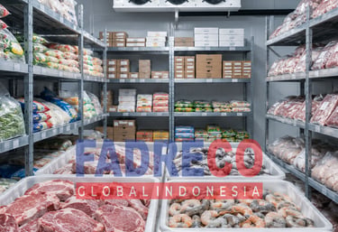 Cold storage warehouse with frozen meat, seafood, and vegetables on industrial shelves.