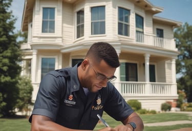 A military family happily standing in front of their new home, holding keys and celebrating.