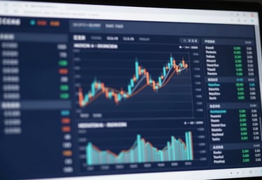 A high-tech digital interface showing financial data and secure analytical charts, representing modern financial excellence and technology, in #2C506F and white.
