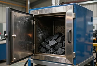 Industrial document destruction equipment in a secure facility, showing a safe incineration process with charcoal and steel blue aesthetics.