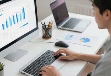 A modern office workspace with a laptop displaying digital marketing analytics on screen.