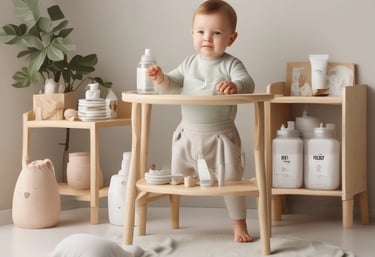 A smiling mother holding her toddler, surrounded by premium baby care products from Germany.