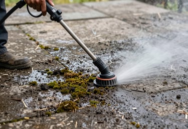 Action shot of high-pressure cleaning on a stone terrace, removing moss and dirt, clear contrast between dirty and clean areas, professional equipment.